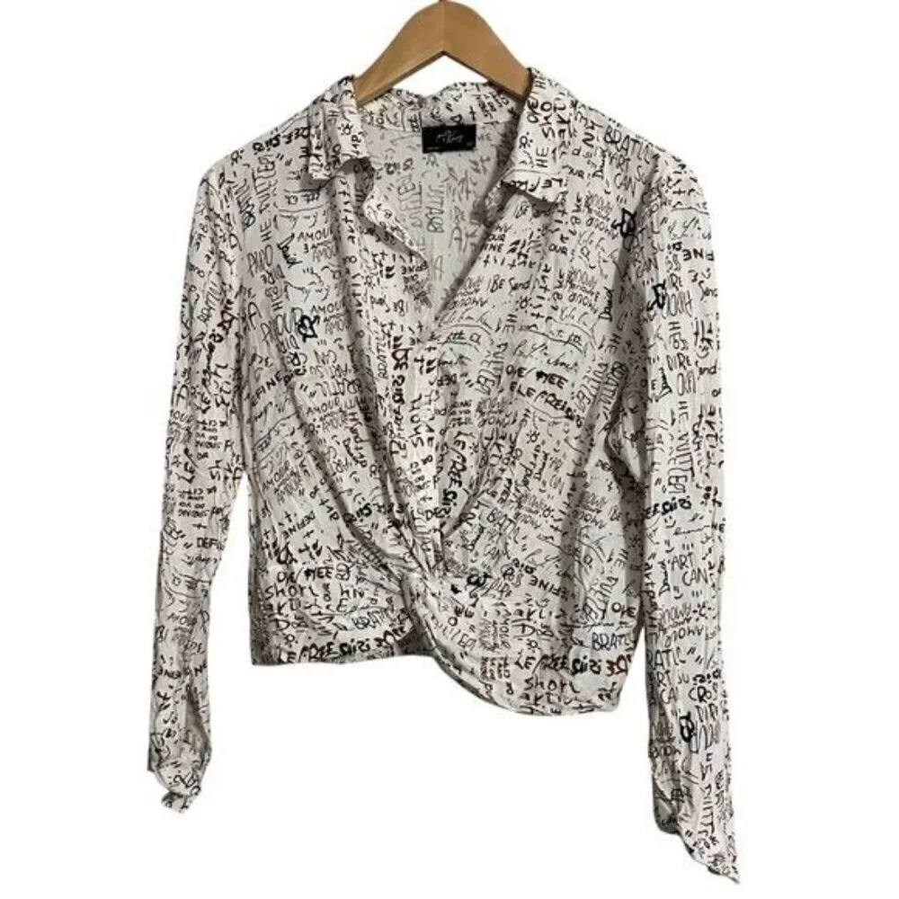 Milk & Honey print crop front twist dress shirt size medium